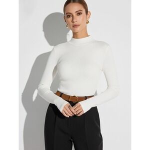 COMMENSE Mock Neck Wool-Blend‎ Knit Top White size S